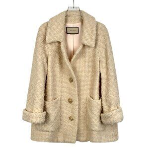 Gucci Womens Beige Tweed Wool Blend Coat W/ Gold Buttons Size 36 XS Made In Ital